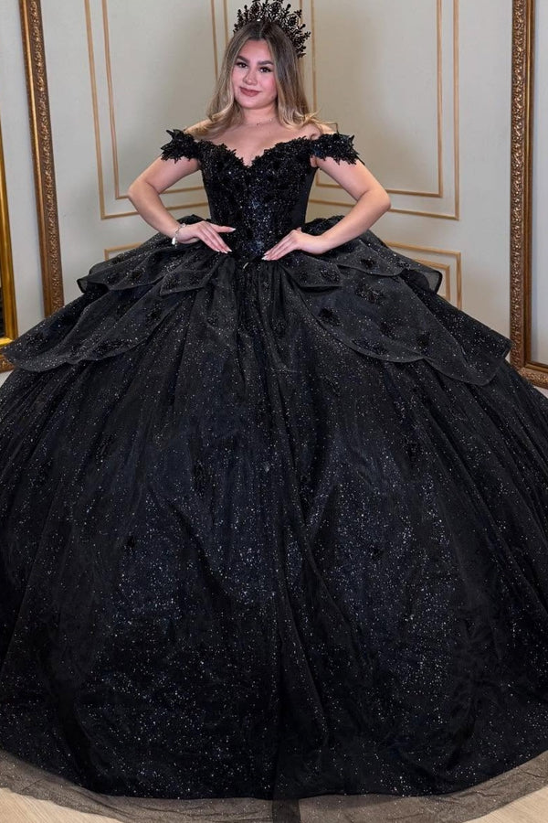 Off Shoulder Sleeveless Ruffles Bow Knot Black Sweet 15 Quinceañera Dress WQ1697