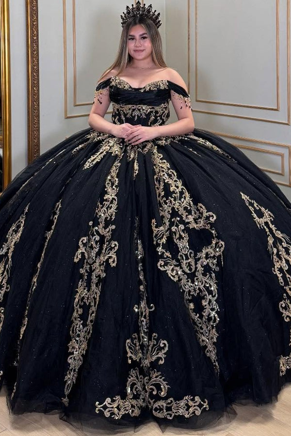 Off Shoulder Sleeveless Gold Sequins Appliques Dark Navy Sweet 15 Quinceañera Dress WQ1698