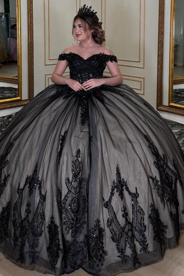 Off Shoulder Sleeveless Pleated Sequins Appliques Bow Knot Black Tulle Sweet 15 Quinceañera Dress WQ1699