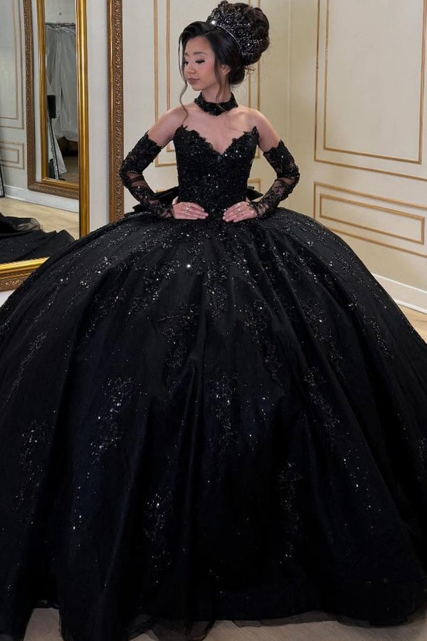 V Neck Sleeveless Sequins Beaded Appliques Bow Knot Black Sweet 15 Quinceañera Dress WQ1700