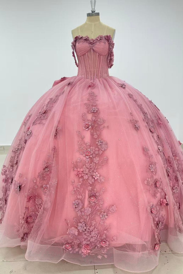 Off Shoulder Sleeveless Beaded 3D Flower Appliques Ruffles Bow Knot Pink Sweet 15 Quinceañera Dress WQ1701