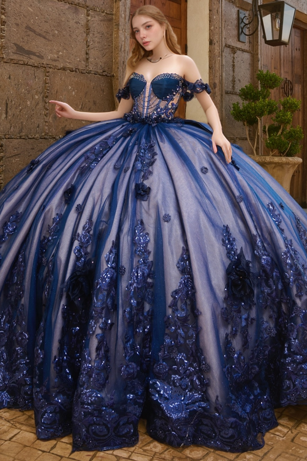 Off Shoulder Sleeveless Beaded Sequins Appliques Bow Knot Royal Blue Sweet 15 Quinceañera Dress WQ1702