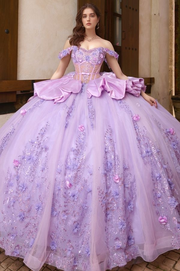 Off Shoulder Sleeveless Beaded 3D Flowers Appliques Bow Knot Lilac Sweet 15 Quinceañera Dress WQ1703