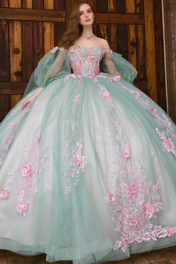 Off Shoulder Lantern Sleeves 3D Flowers Appliques Bow Knot Mint Green Sweet 15 Quinceañera Dress WQ1704