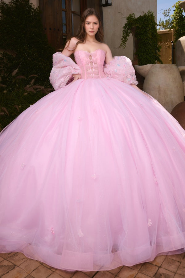 Strapless Short Sleeves Pleated Beaded Ruffles Bow Knot Pink Tulle Sweet 15 Quinceañera Dress WQ1705
