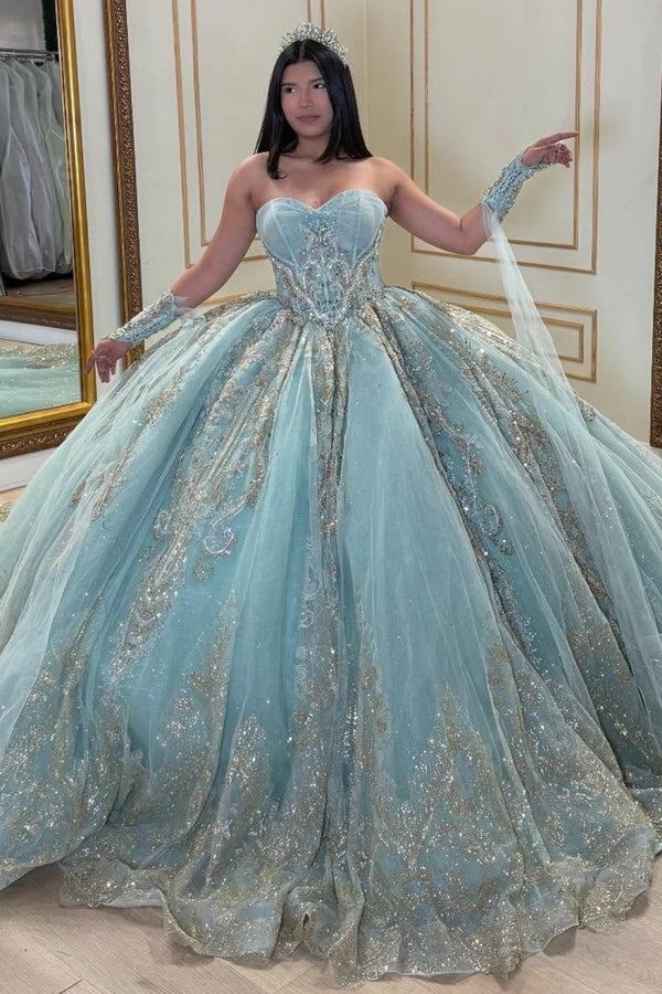 Strapless Sleeveless Beaded Sequins Lace Appliques 3D Flower Mint Green Sweet 15 Quinceañera Dress WQ1707