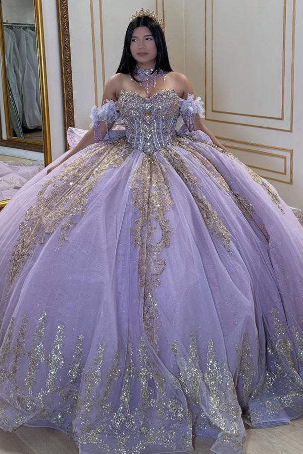 Off Shoulder Sleeveless Beaded Sequins Gold Appliques Ruffles Bow Knot Lilac Sweet 15 Quinceañera Dress WQ1708