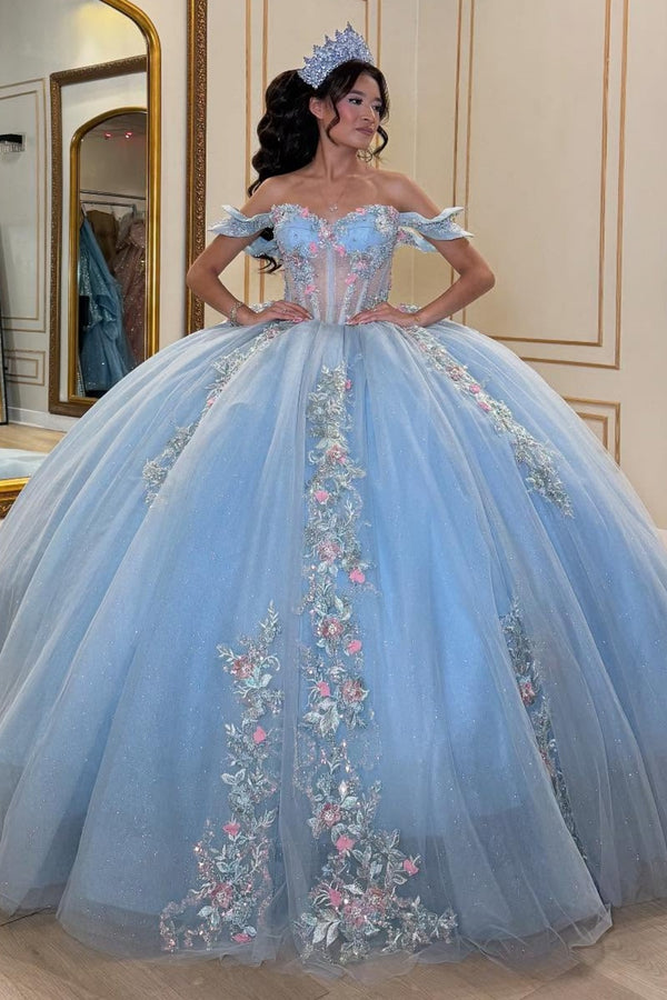 Off Shoulder Sleeveless Beaded 3D Flower Silver Appliques Blue Sweet 15 Quinceañera Dress WQ1709