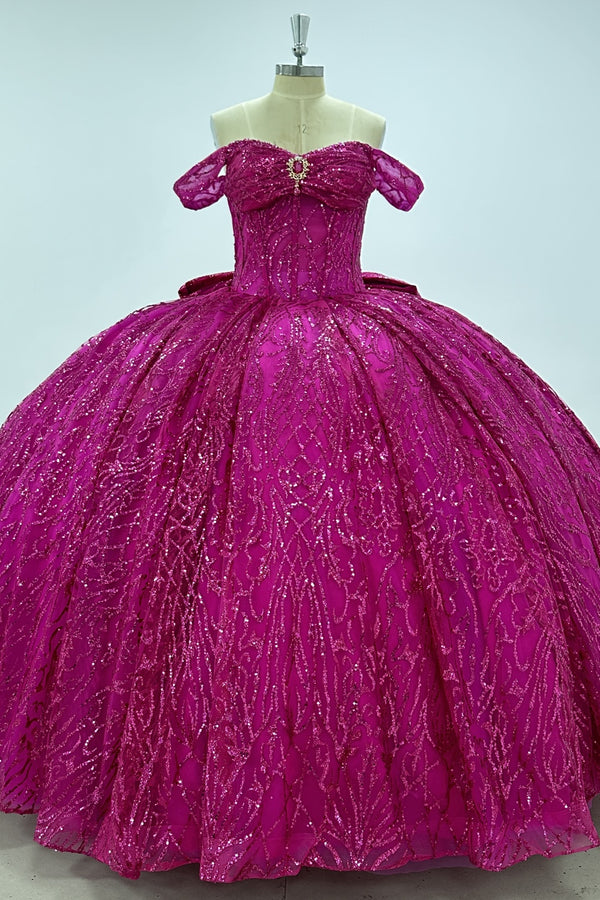 Off Shoulder Sleeveless Bow Knot Fuchsia Glitter Sweet 15 Quinceañera Dress WQ1710