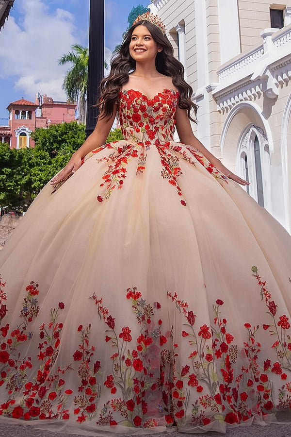 Off Shoulder Sleeveless Flower Appliques Champagne Sweet 15 Quinceañera Dress WQ1711