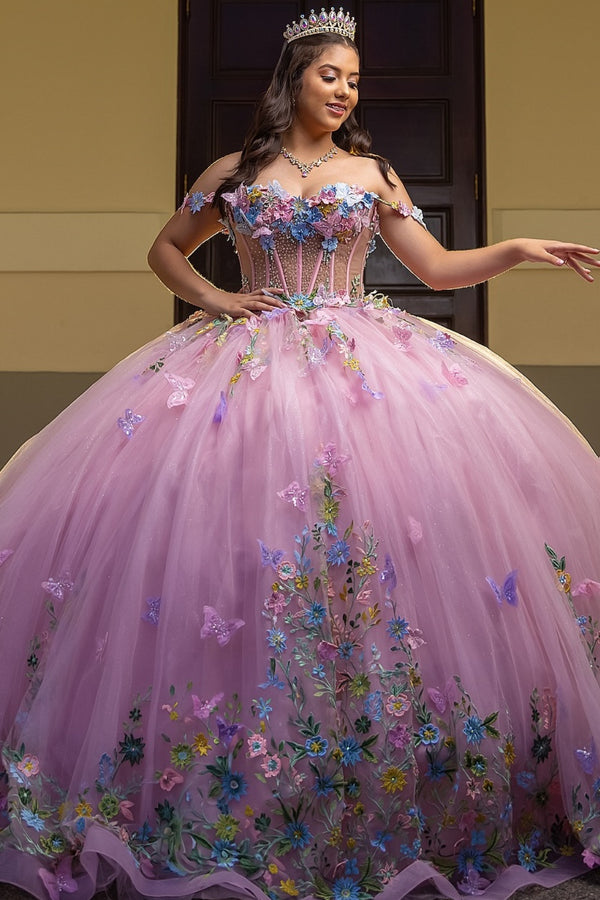 Off Shoulder Sleeveless 3D Butterfly Flower Appliques Lilac Sweet 15 Quinceañera Dress WQ1712