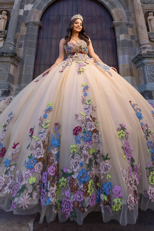 Strapless Sleeveless Pleated 3D Flower Appliques Champagne Tulle Sweet 15 Quinceañera Dress WQ1713