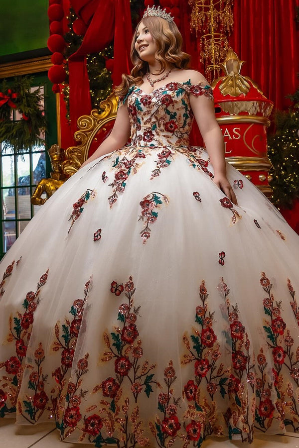 Off Shoulder Sleeveless Flower Appliques White Tulle Sweet 15 Quinceañera Dress WQ1715