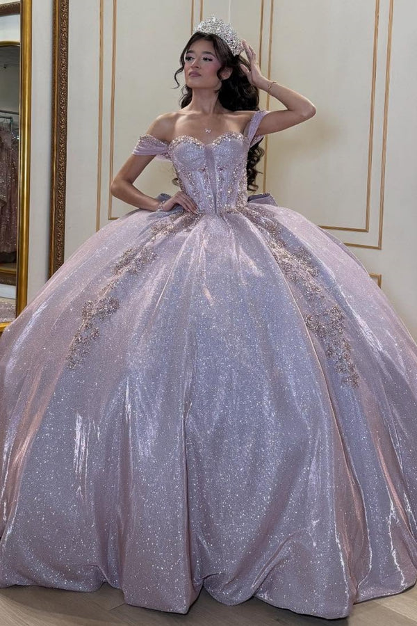 Off Shoulder Sleeveless Beaded Appliques Ruffles Bow Knot Lilac Sweet 15 Quinceañera Dress WQ1716