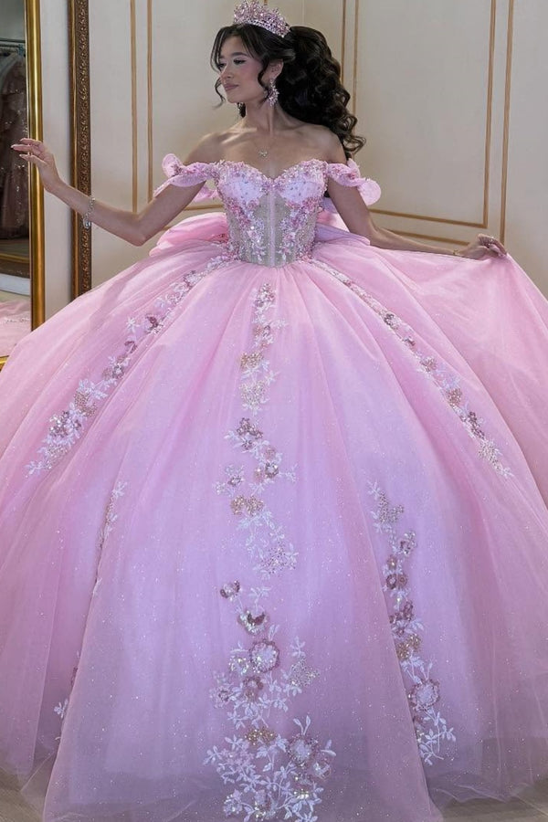 Off Shoulder Sleeveless Beaded Appliques Bow Knot Pink Sweet 15 Quinceañera Dress WQ1717