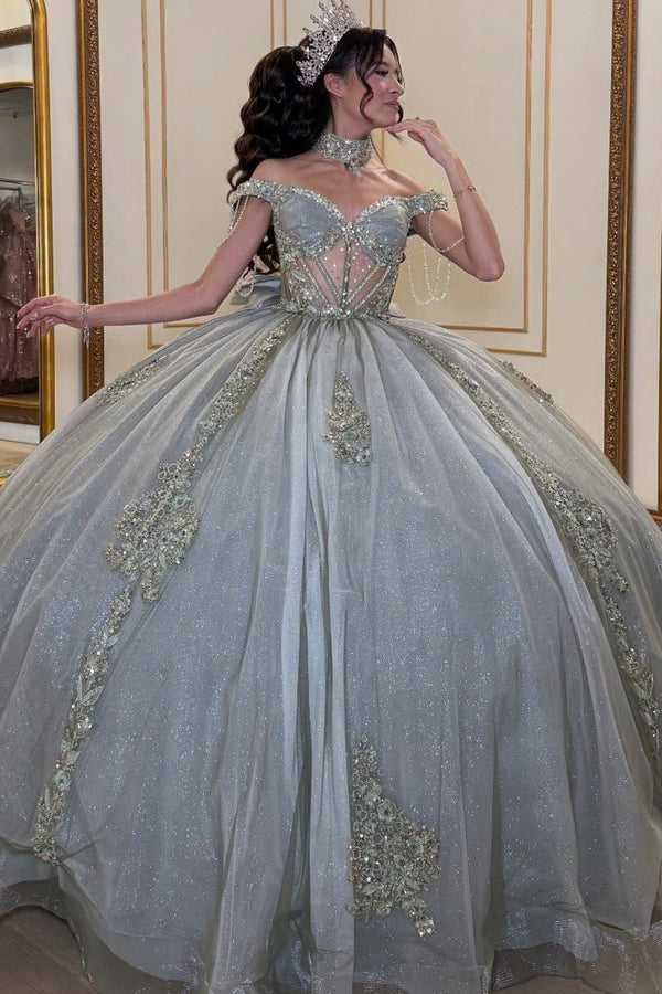 Off Shoulder Sleeveless Beaded Appliques Ruffles Bow Knot Blue Sweet 15 Quinceañera Dress WQ1718