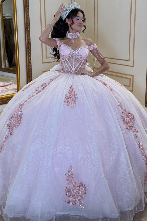 Off Shoulder Sleeveless Beaded Appliques Ruffles Bow Knot Pink Sweet 15 Quinceañera Dress WQ1719