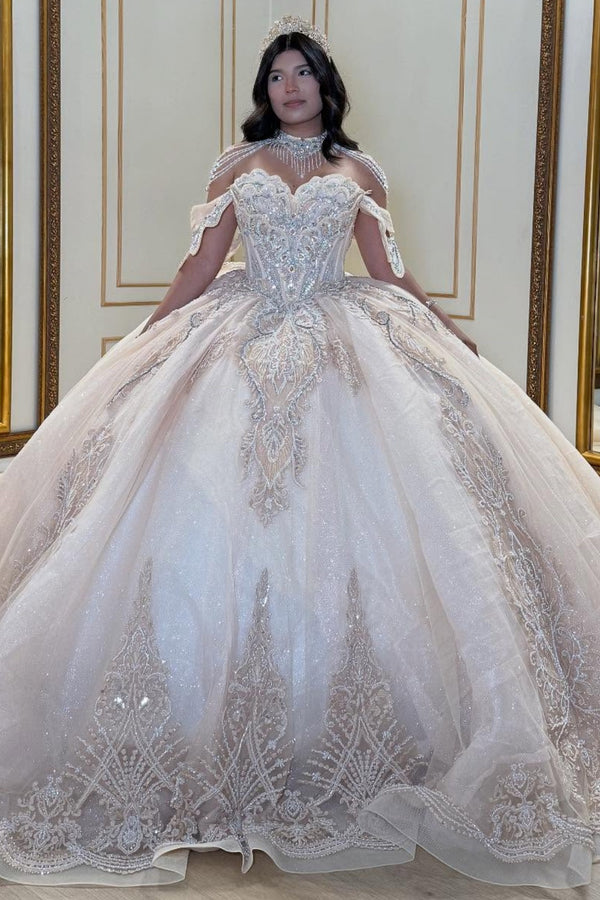 Off Shoulder Sleeveless Beaded Appliques Ruffles Bow Knot Champagne Sweet 15 Quinceañera Dress WQ1720