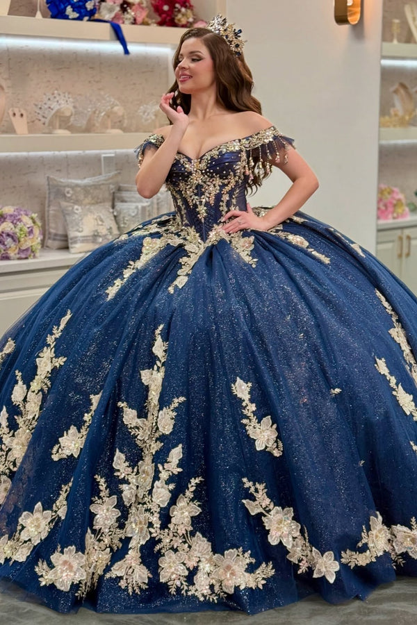 Off Shoulder Sleeveless Beaded Appliquees Navy Glitter Sweet 15 Quinceañera Dress WQ1721