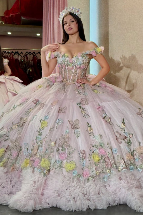 Off Shoulder Sleeveless 3D Flower Appliques Ruffles Bow Knot Pink Sweet 15 Quinceañera Dress WQ1722