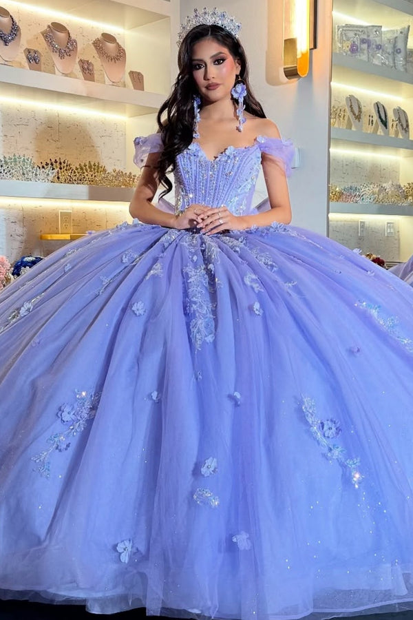 Off Shoulder Sleeveless Beaded Appliques Bow Knot Lilac Sweet 15 Quinceañera Dress WQ1723