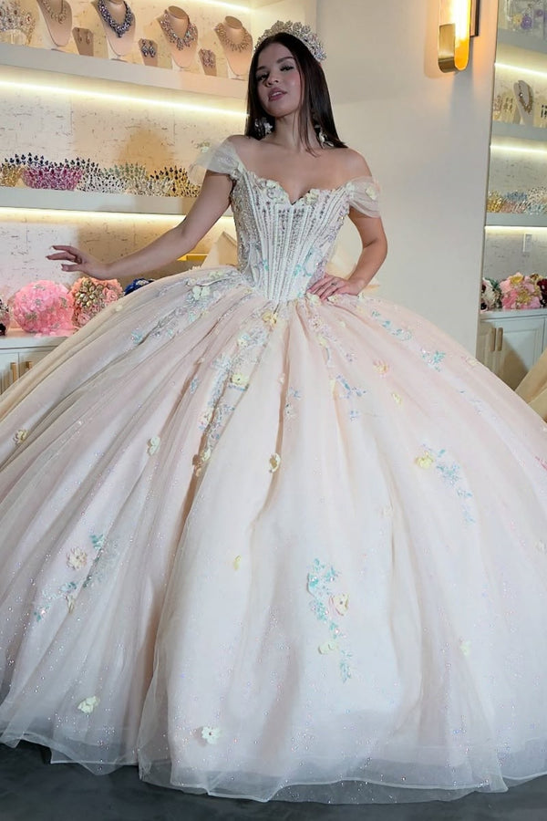 Off Shoulder Sleeveless Sequins Appliques Bow Knot Champagne Sweet 15 Quinceañera Dress WQ1724