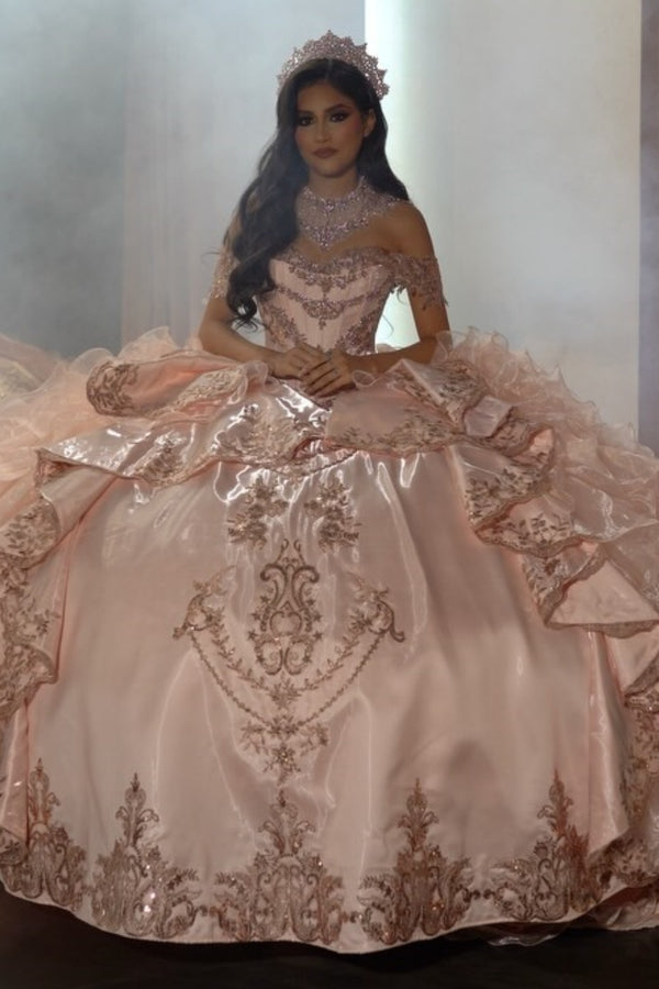 Off Shoulder Sleeveless Beaded Appliques Ruffles Bow Knot Pink Sweet 15 Quinceañera Dress WQ1725