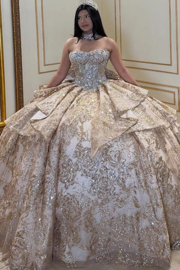 Strapless Sleeveless Beaded Ruffles Gold Glitter Bow Knot Sweet 15 Quinceañera Dress WQ1726