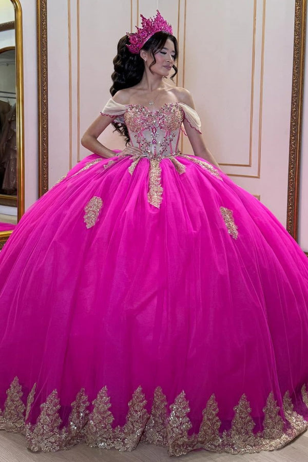 Off Shoulder Sleeveless Beaded Gold Appliques Hot Pink Sweet 15 Quinceañera Dress WQ1727