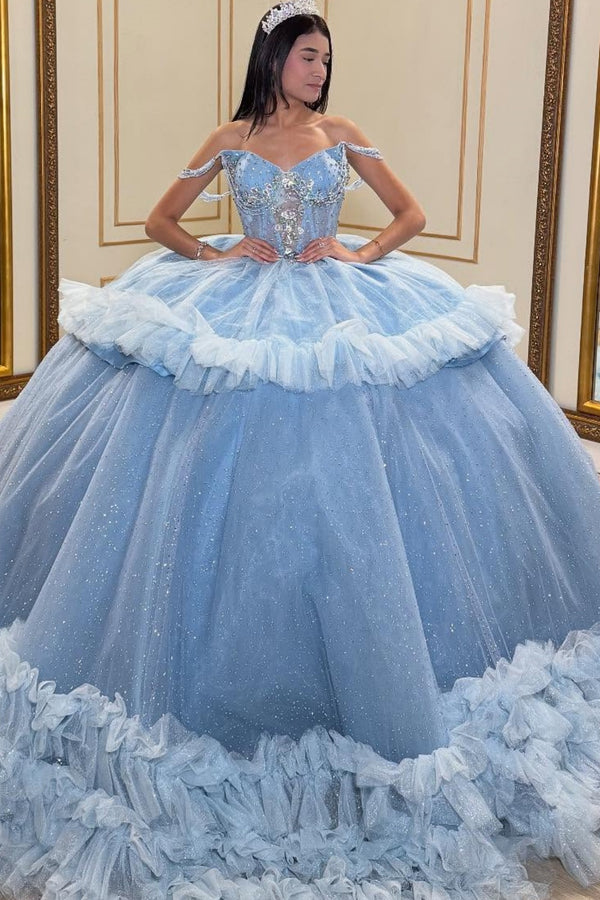 Off Shoulder Sleeveless Beaded Ruffles Blue Sweet 15 Quinceañera Dress WQ1728