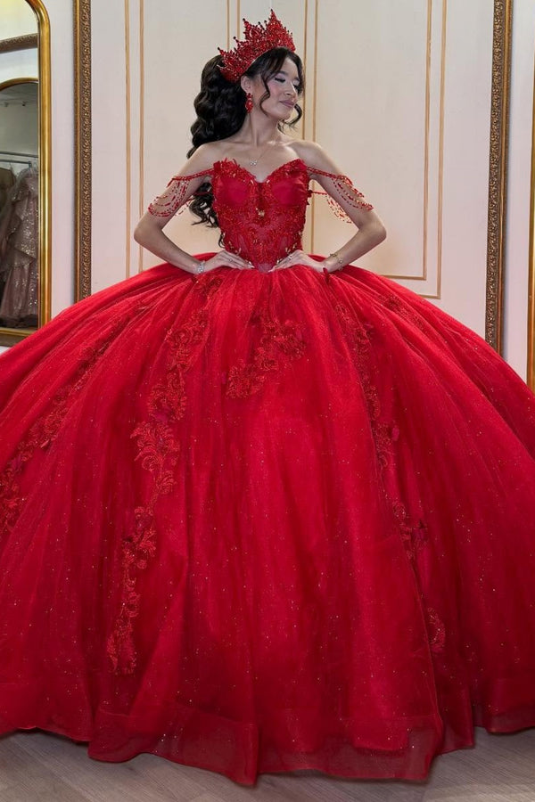 Off Shoulder Pleated Beaded Appliques Red Tulle Sweet 15 Quinceañera Dress WQ1729