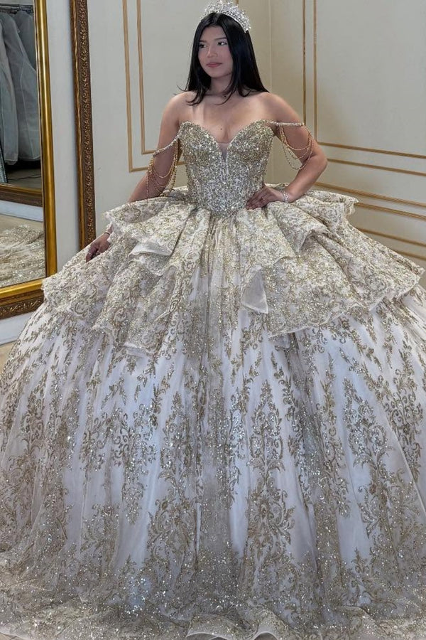 Off Shoulder Sleeveless Beaded Ruffles Bow Knot Gold Sweet 15 Quinceañera Dress WQ1730