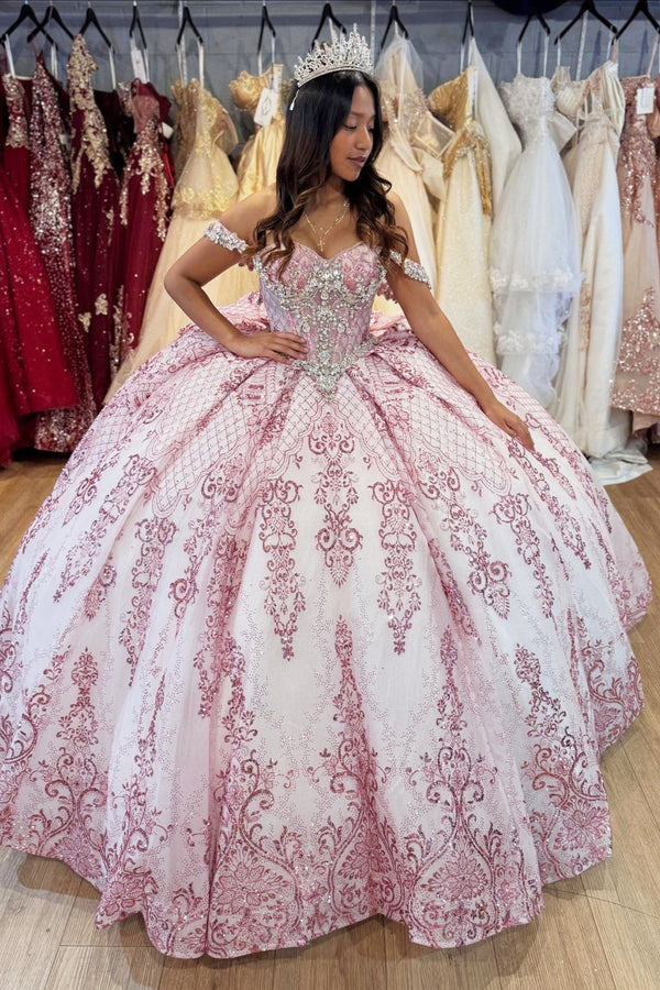 Off Shoulder Sleeveless Pleated Beaded Bow Knot Pink Glitter Quinceañera Dress WQ1731