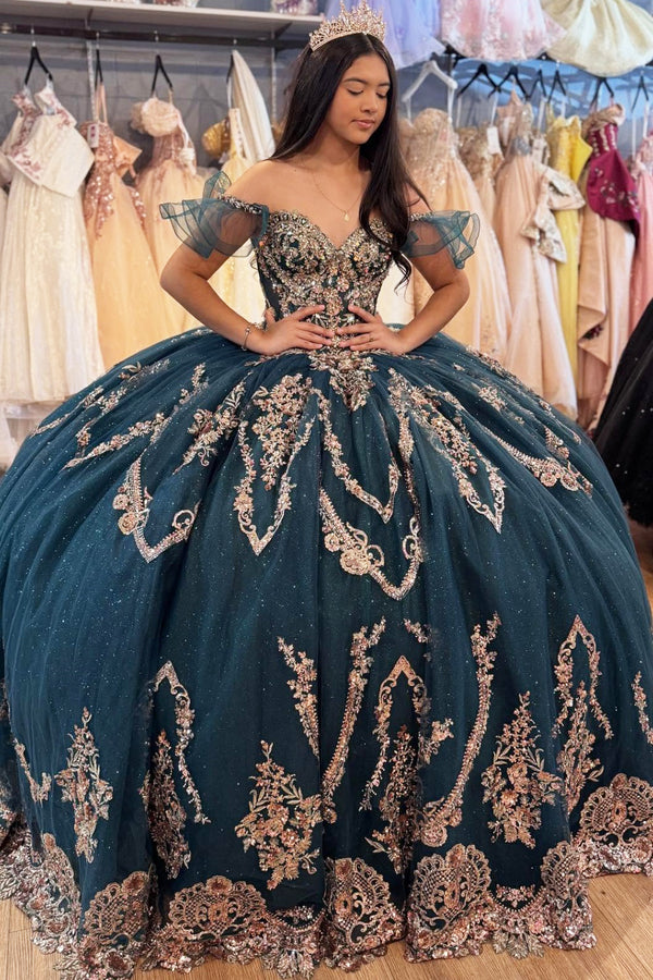 Off Shoulder Sleeveless Gold Appliques Dark Green Sweet 15 Quinceañera Dress WQ1732