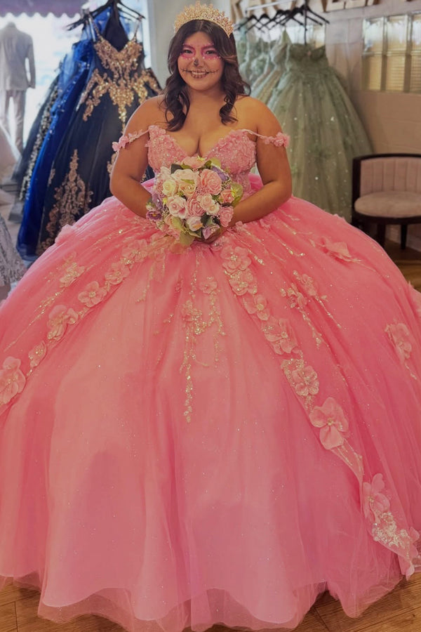 Off Shoulder Sleeveless 3D Flower Appliques Bow Knot Pink Sweet 15 Quinceañera Dress WQ1733