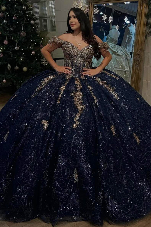 Off Shoulder Sleeveless Beaded Appliques Navy Sweet 15 Quinceañera Dress WQ1734