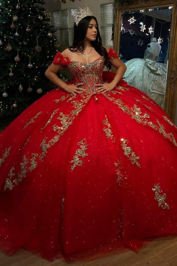 Off Shoulder Sleeveless Beaded Gold Appliques Red Sweet 15 Quinceañera Dress WQ1735