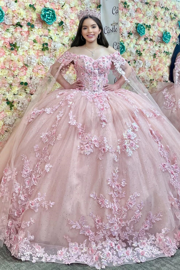 Off Shoulder Sleeveless 3D Flower Appliques Ruffles Pink Sweet 15 Quinceañera Dress WQ1736