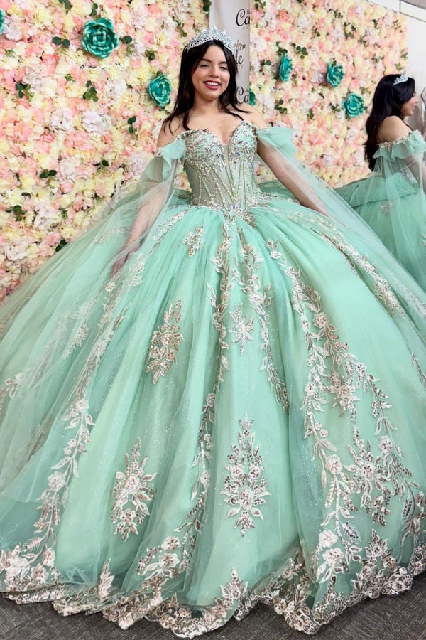 Off Shoulder Sleeveless Beaded Sequins Appliqeus Bow Knot Green Sweet 15 Quinceañera Dress WQ1737