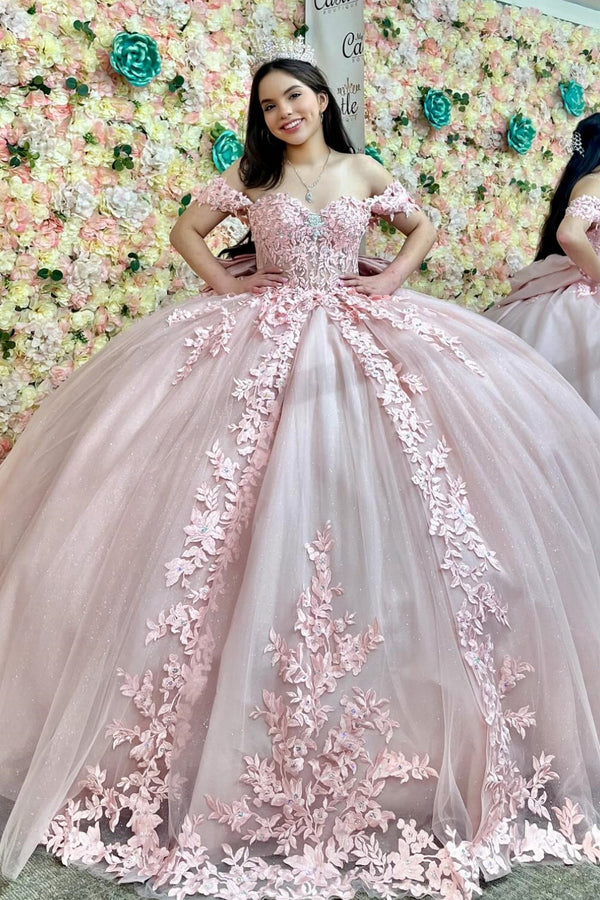 Off Shoulder Sleeveless Beaded Appliques Bow Knot Pink Sweet 15 Quinceañera Dress WQ1738