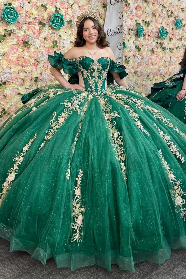 Off Shoulder Sleeveless Beaded Gold Sequins Appliques Bow Knot Dark Green Sweet 15 Quinceañera Dress WQ1739