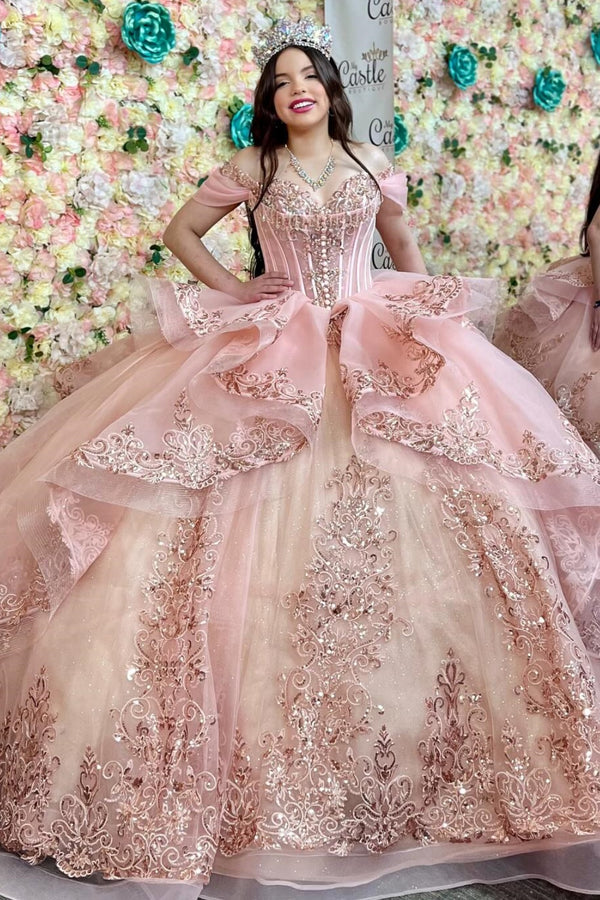 Off Shoulder Sleeveless Beaded Sequins Appliques Ruffles Pink Sweet 15 Quinceañera Dress WQ1740