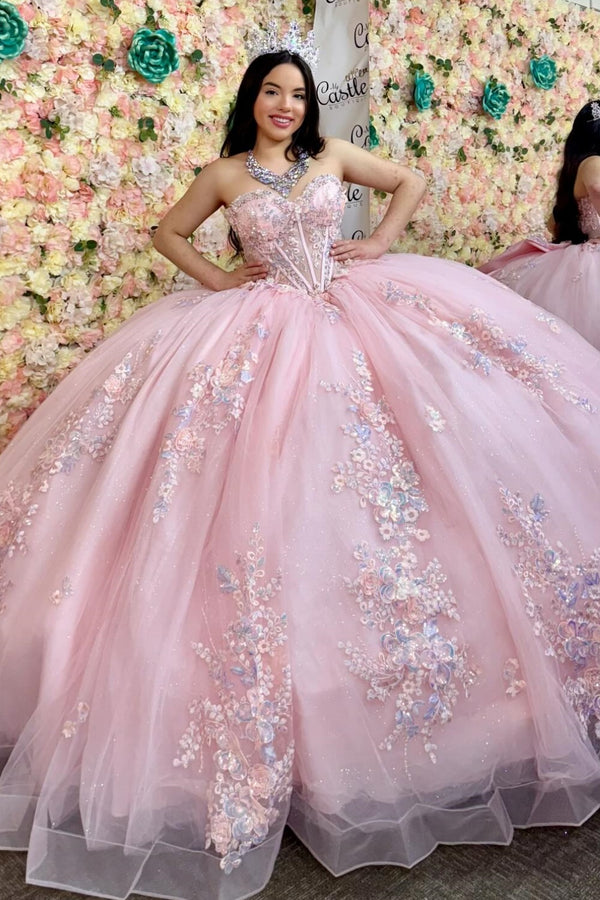 Strapless Sleeveless Sequins Appliques Ruffles Bow Knot Pink Sweet 15 Quinceañera Dress WQ1741