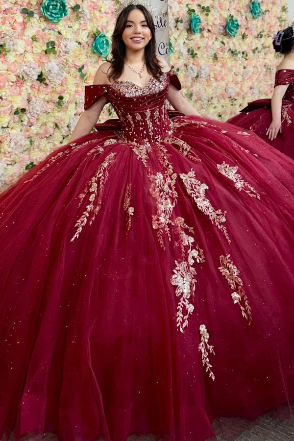 Off Shoulder Sleeveless Beaded Sequins Appliques Bow Knot Burgundy Sweet 15 Quinceañera Dress WQ1742