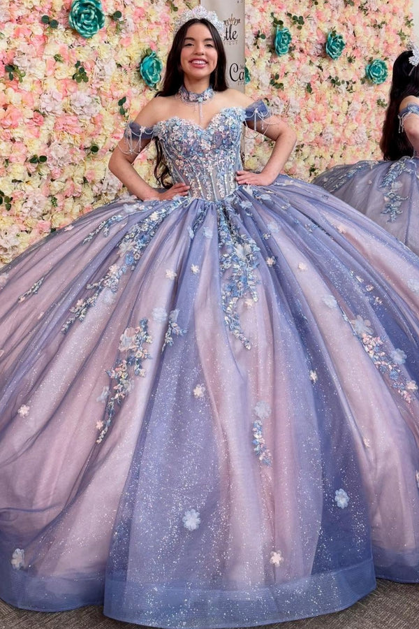 Off Shoulder Sleeveless 3D Flower Appliques Lilac Sweet 15  Quinceañera Dress WQ1743