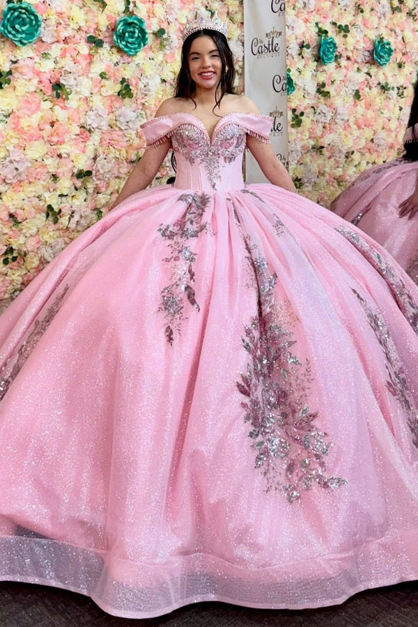 Off Shoulder Sleeveless Beaded Sequins Appliques Pink Sweet 15 Quinceañera Dress WQ1745
