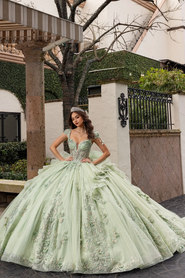 Sweetheart Neck Straps Sleeveless Appliques Ruffles Flower Mint Green Quinceañera Dress WQ1746