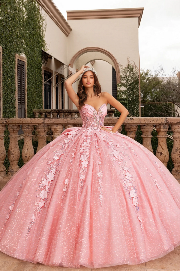 Strapless Sleeveless Beaded Appliques Ruffles Pleated Pink Sweet 15 Quinceañera Dress WQ1748