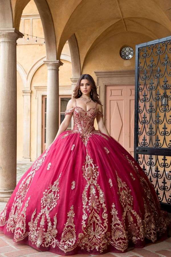 Off Shoulder Sleeveless Beaded Gold Sequins Appliques Burgundy Sweet 15 Quinceañera Dress WQ1749