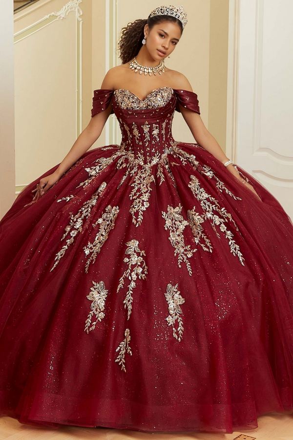 Off Shoulder Sleeveless Gold Sequins Appliques Bow Knot Burgundy Sweet 15 Quinceañera Dress WQ1750